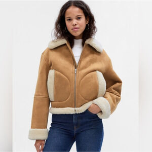 Gap Brown Vegan Suede Sherpa-Trim Full Zip Jacket, size M